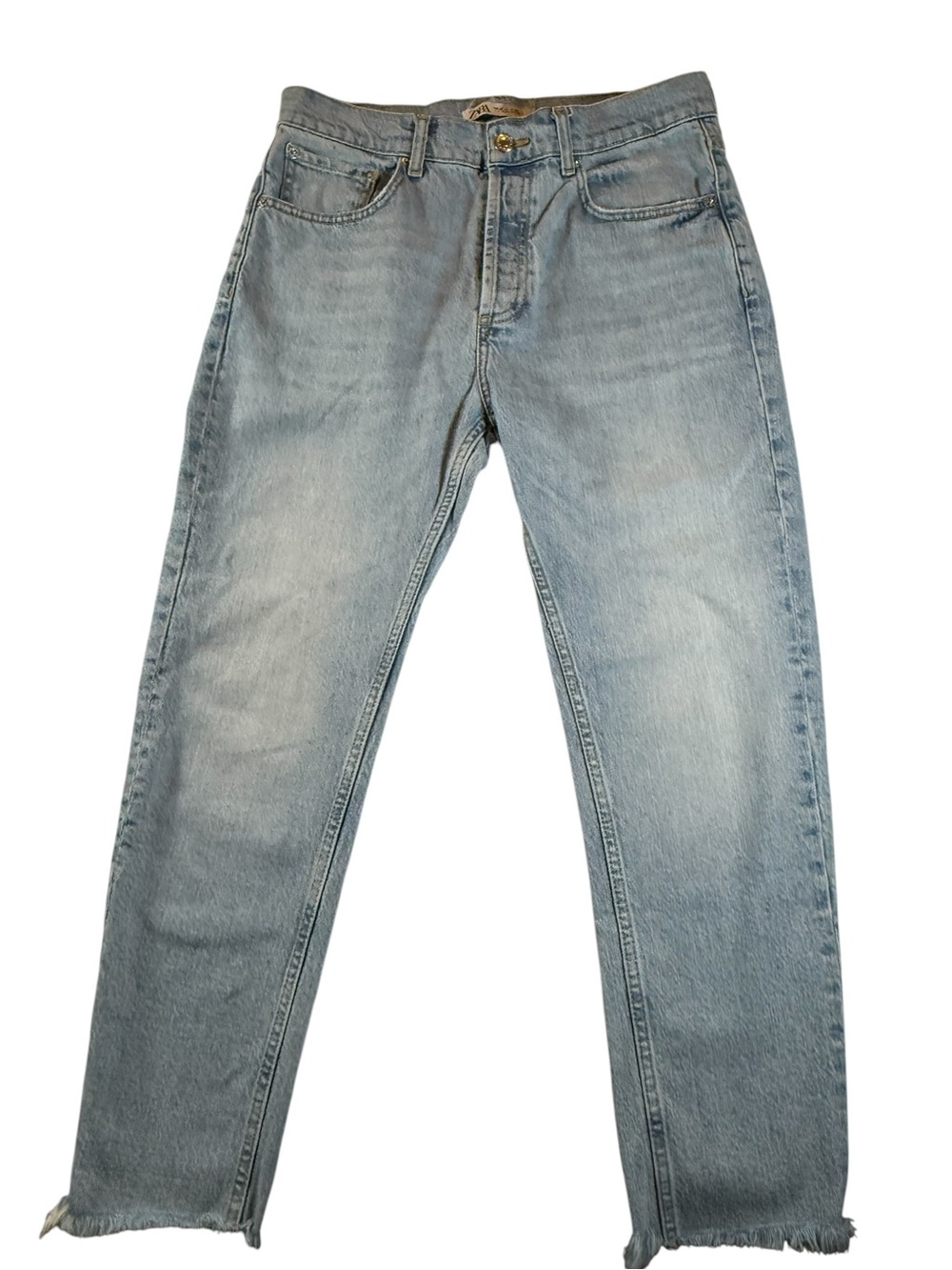 Zara Relaxed Straight Leg Denim Jeans Light Wash Raw Hem Size 31